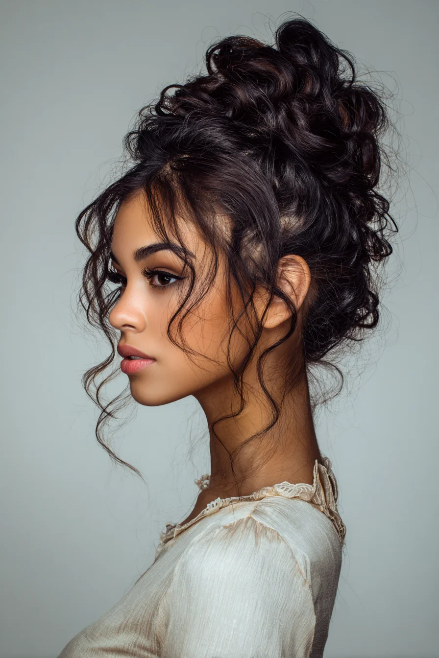 Textured Curly Messy High Bun with Face‑Framing Tendrils