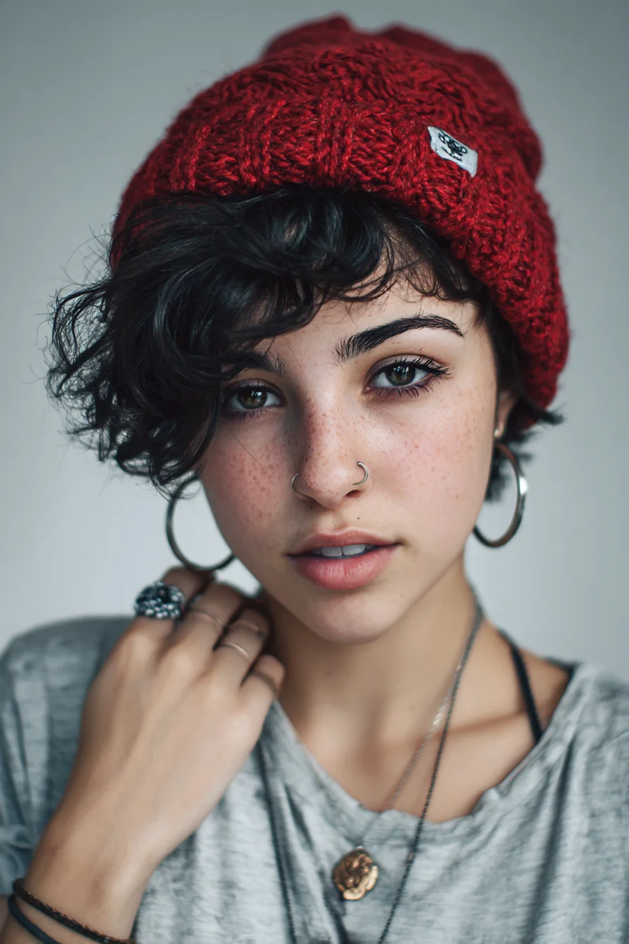 Textured Curly Pixie with Tousled Side-Swept Fringe