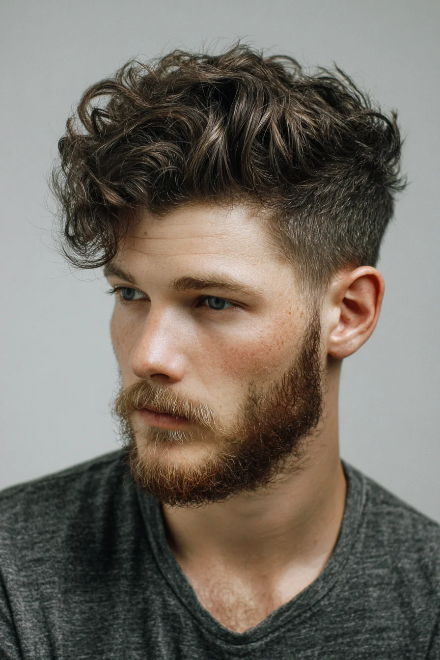 Textured Curly Top with Tapered Fade and Beard