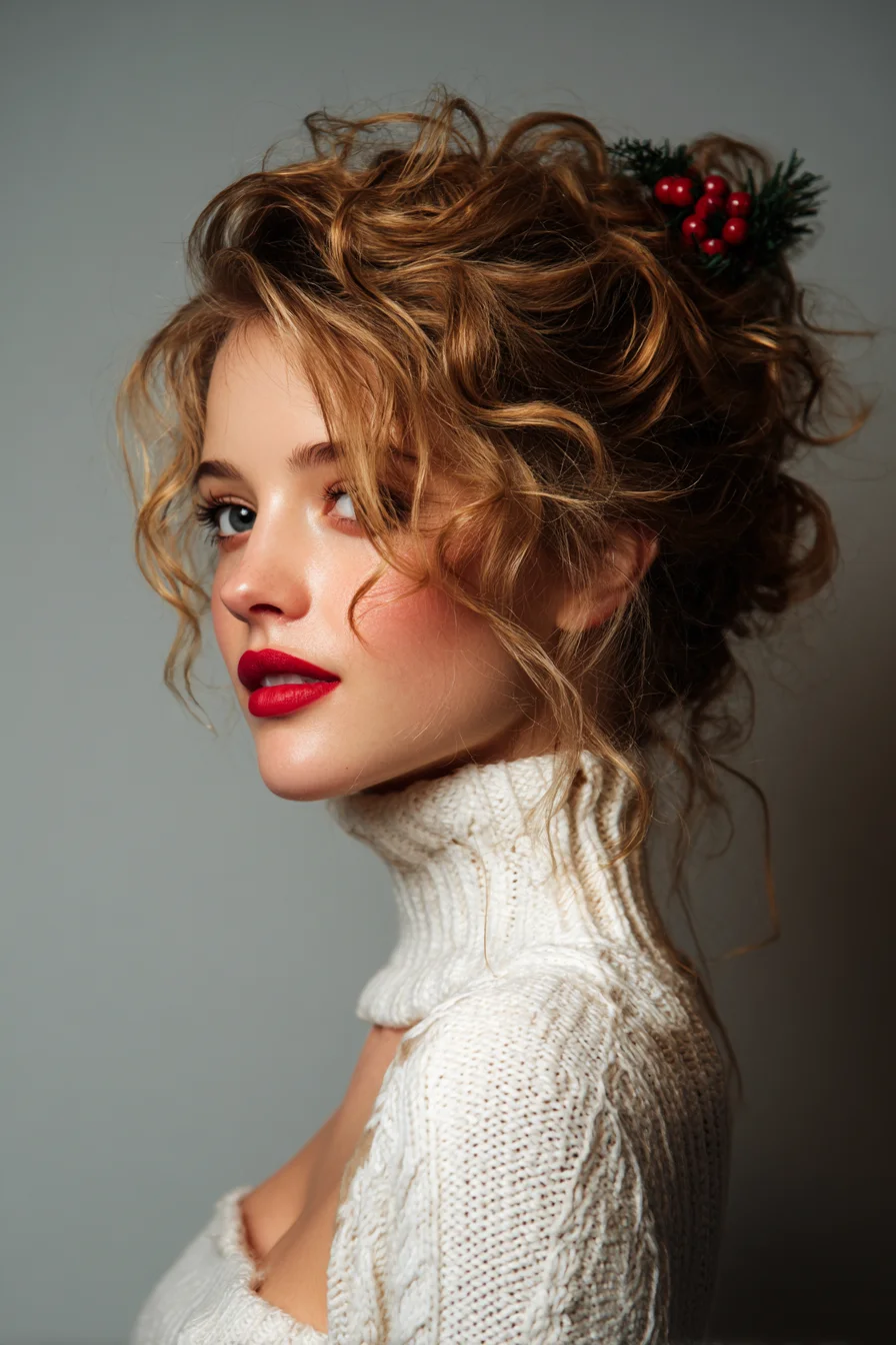 Textured Curly Updo with Face‑Framing Tendrils
