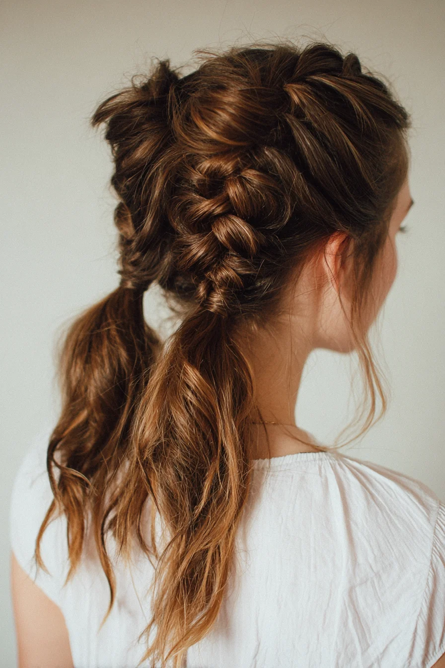 Textured Double Dutch Braids into Low Tousled Ponytails