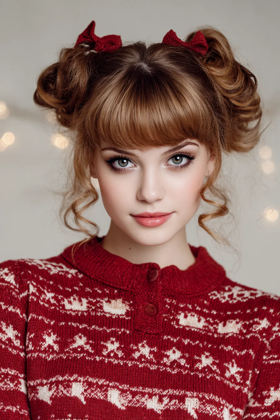 Textured Double Space Buns with Blunt Bangs and Face‑Framing Curls