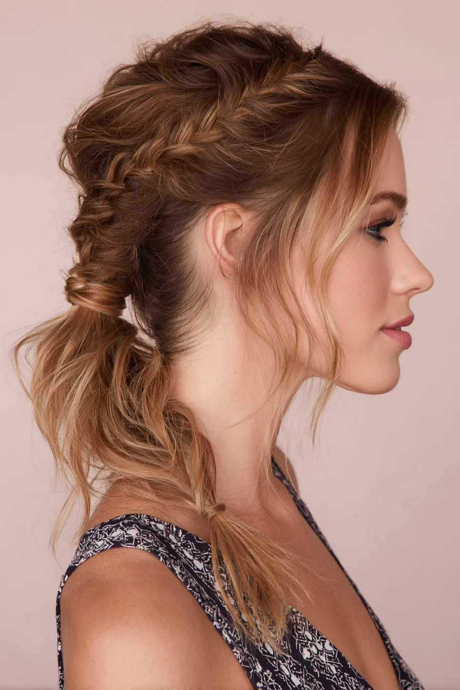 Textured Dutch Braid Into Low Wrapped Ponytail — Loose Boho Braid