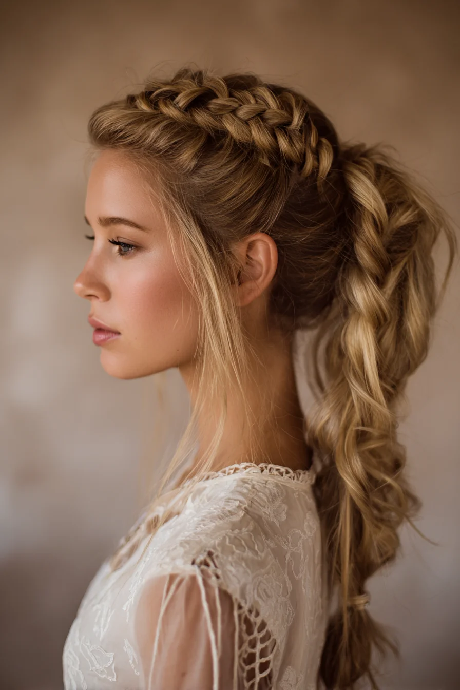 Textured Dutch Crown Braid Into Voluminous Braided Ponytail