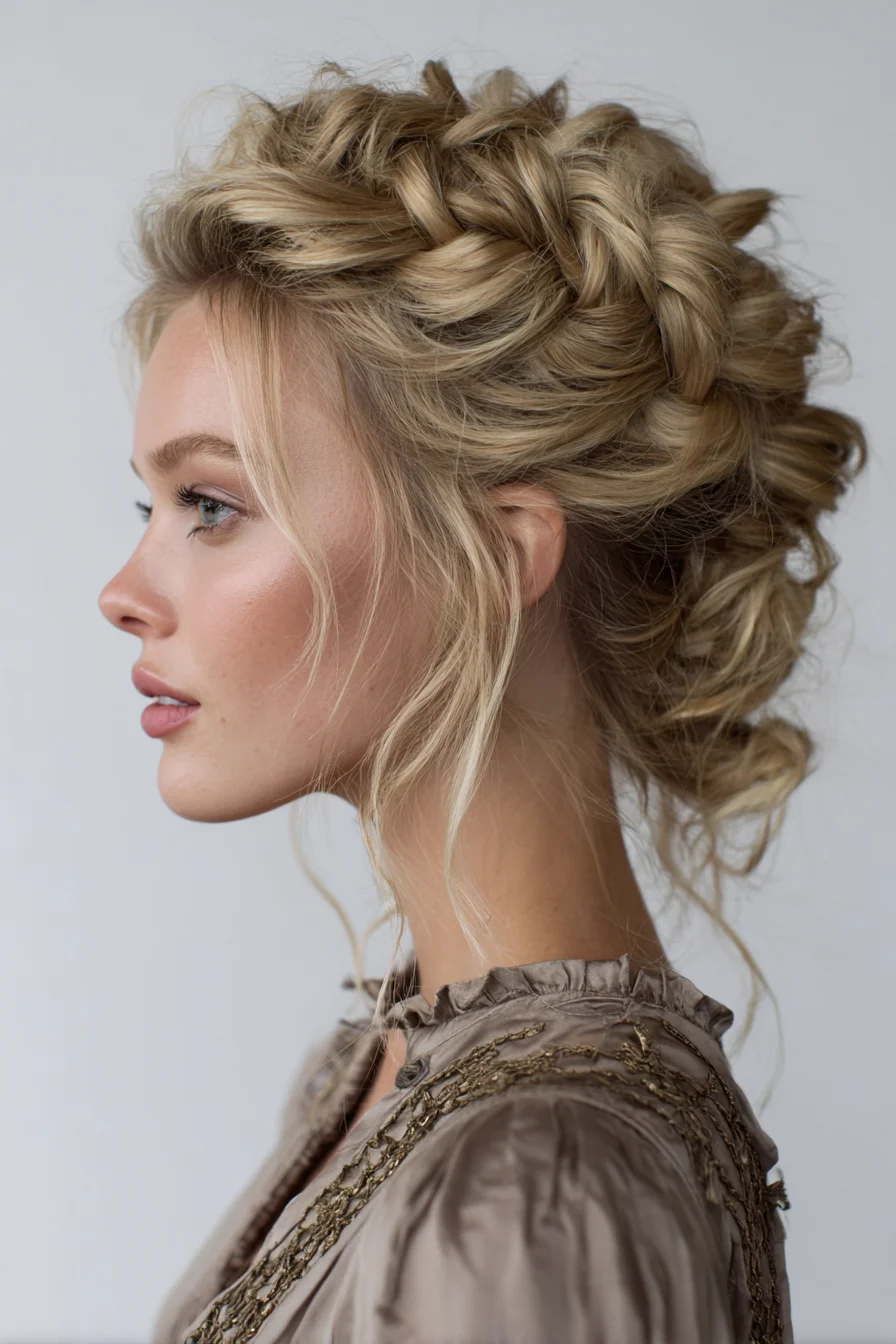 Textured Dutch Crown Braid Updo for Medium–Long Hair