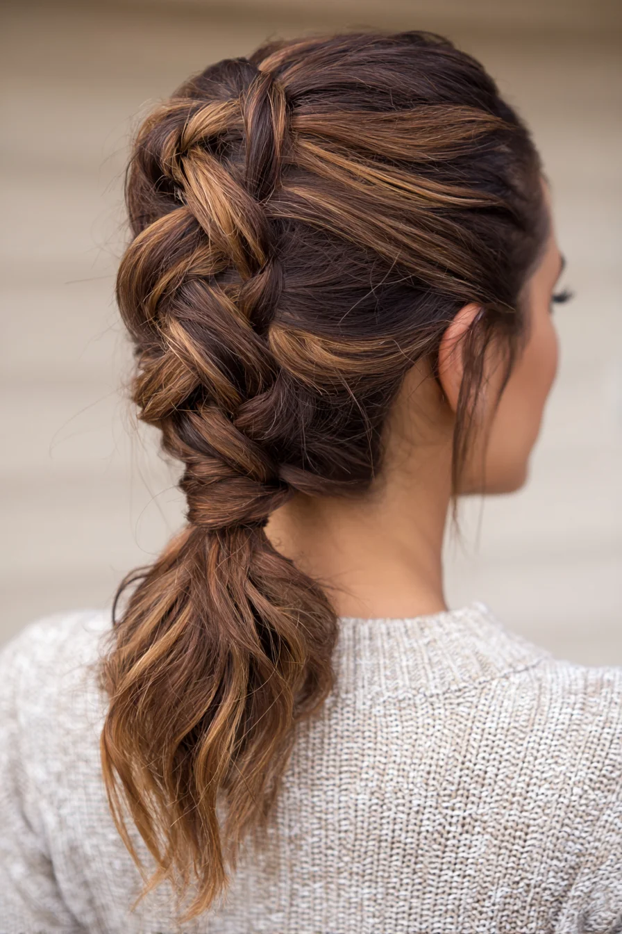 Textured Dutch/French Crown Braid into Low Wrapped Ponytail