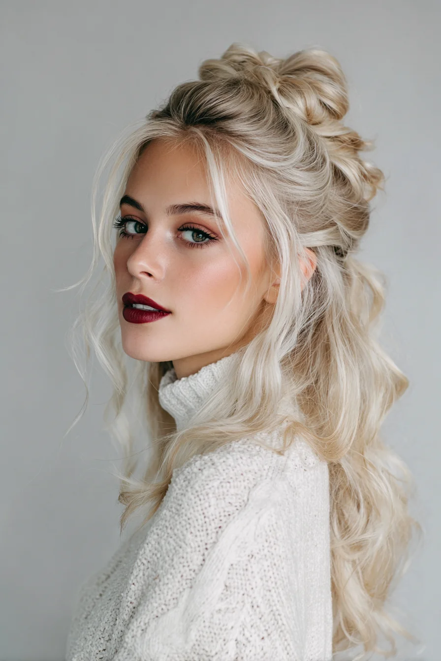 Textured Half-Up Messy Bun with Face‑Framing Waves