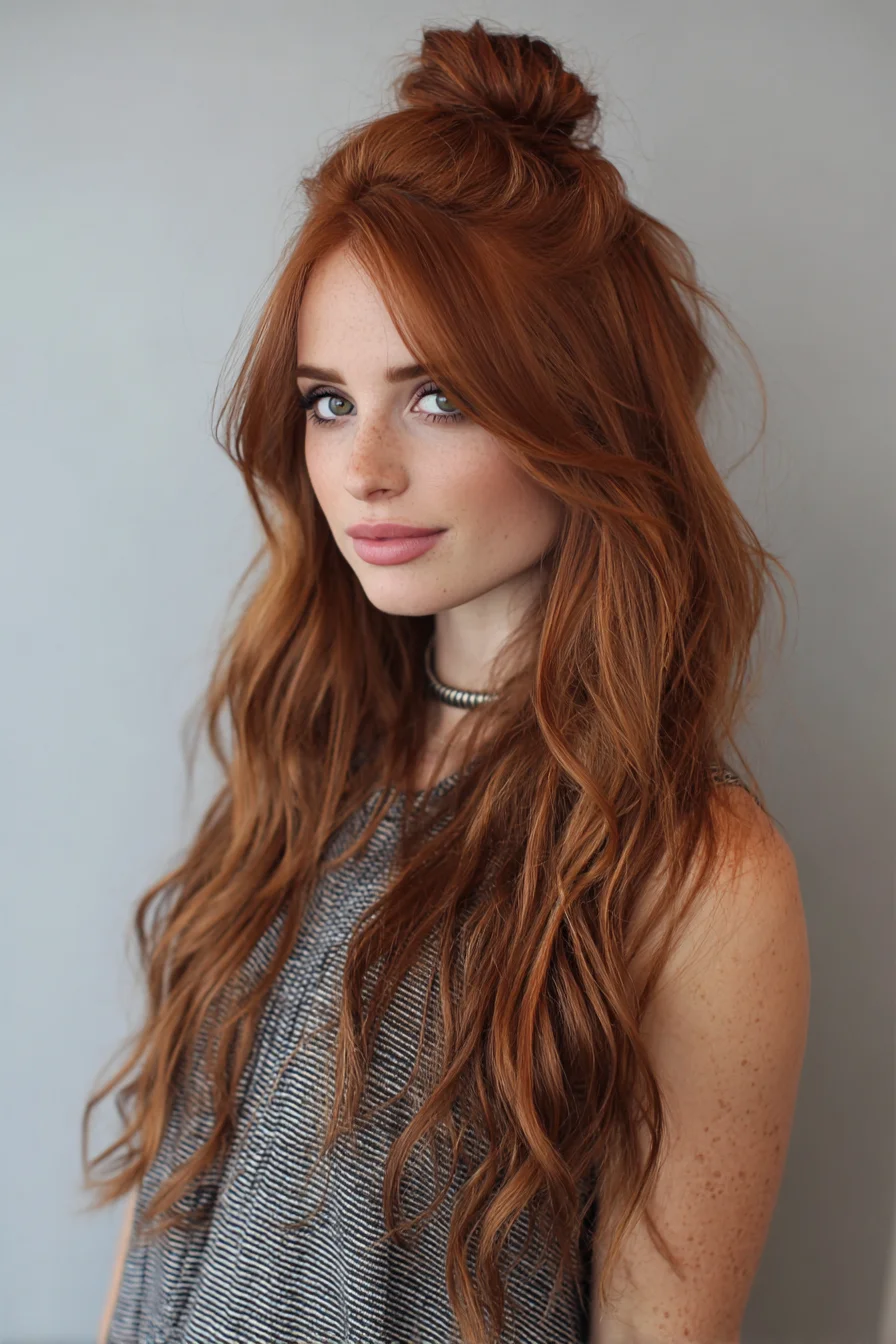 Textured Half‑Up Topknot with Loose Beachy Waves for Long Hair