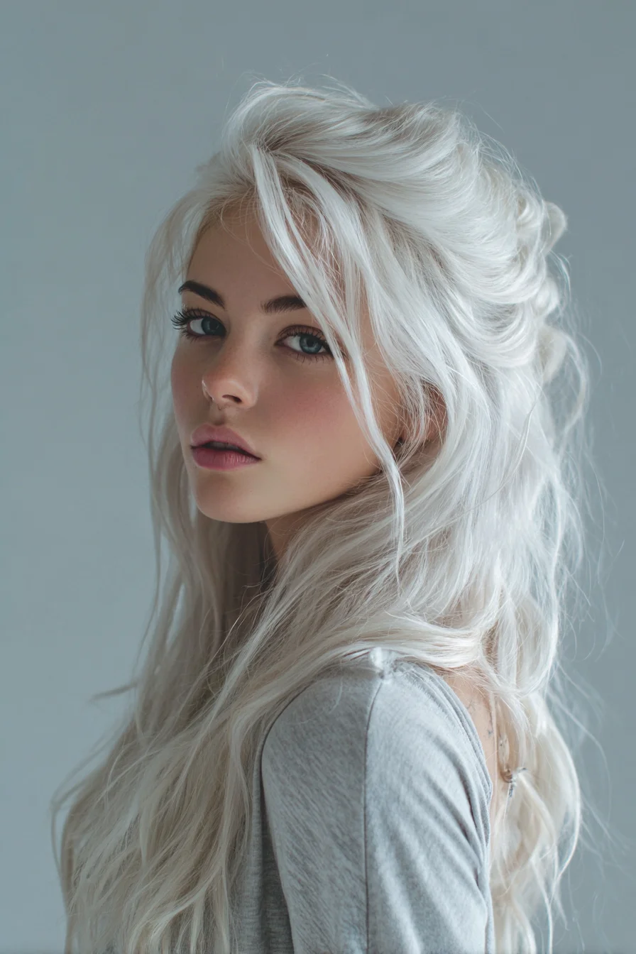 Textured Half‑Up Tousled Style for Long Platinum/Icy Blonde Hair