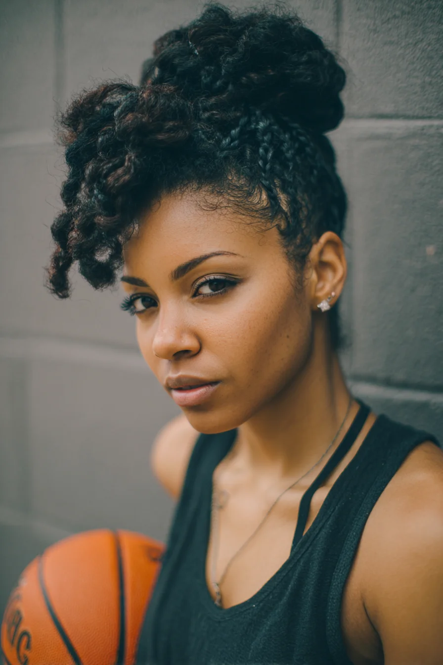 Textured High Bun with Side Micro-Braids and Curly Fringe