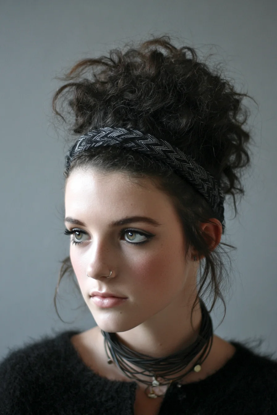 Textured High Curly Bun with Fabric Headband