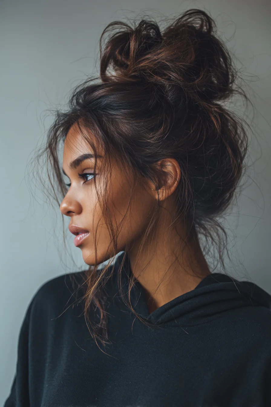 Textured High Messy Bun with Face‑Framing Tendrils