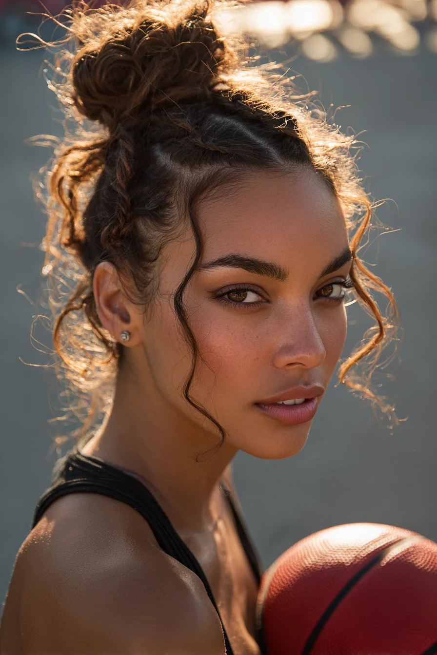 Textured High Messy Bun with Mini Cornrows and Face‑Framing Tendrils