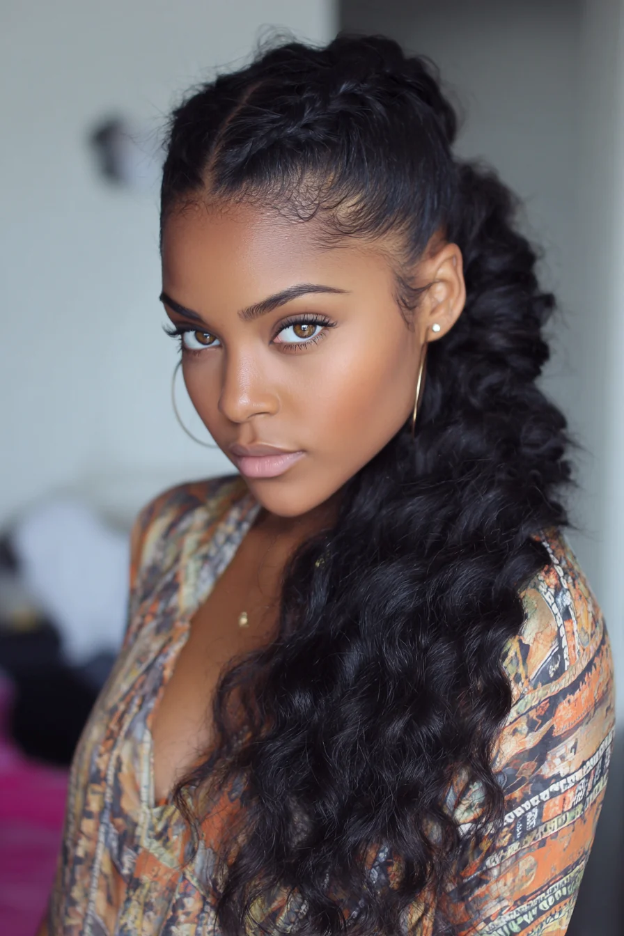 Textured High Pony with Cornrowed Crown and Voluminous Deep Waves