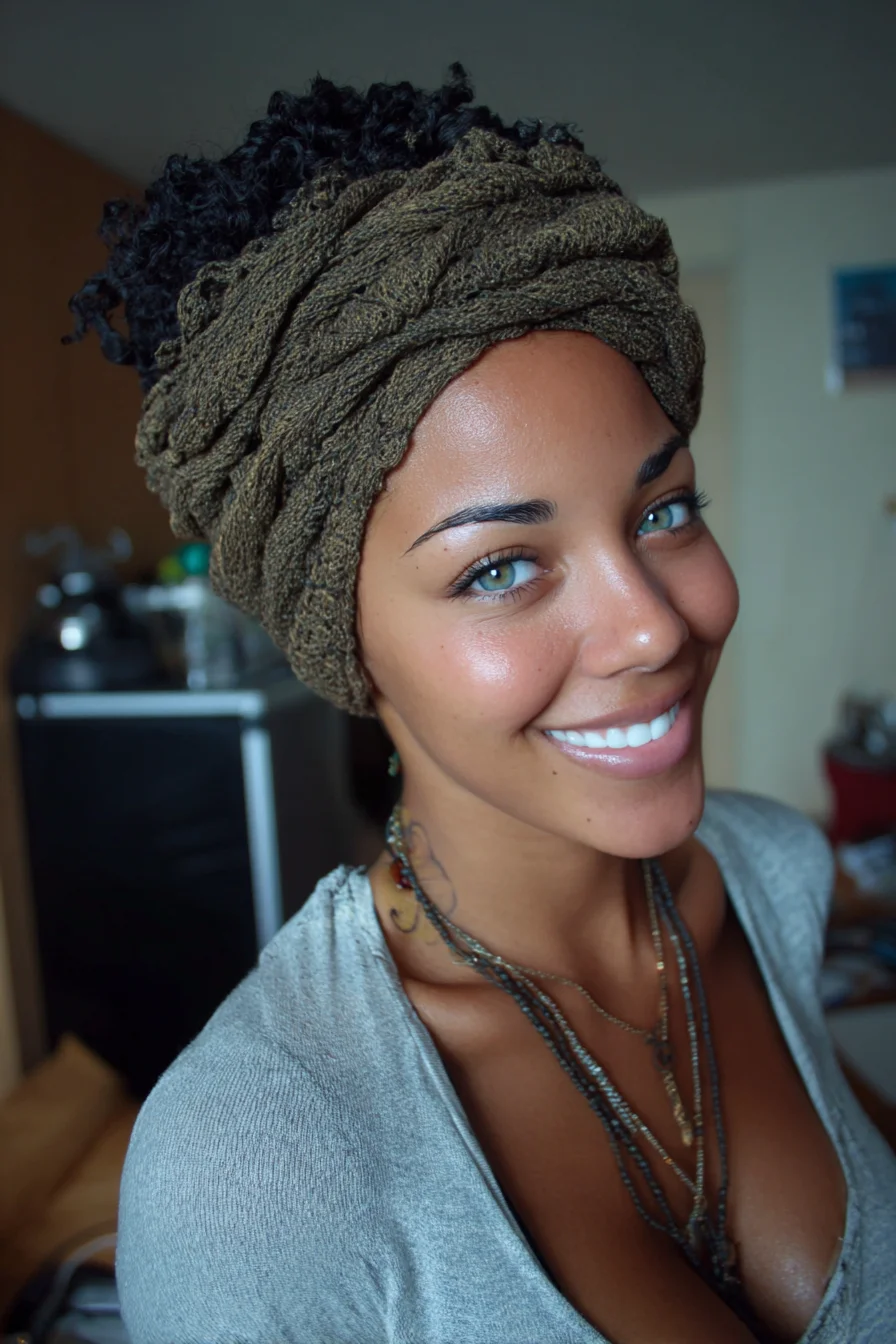 Textured High Puff with Wrapped Turban — Short Natural Curly Hair