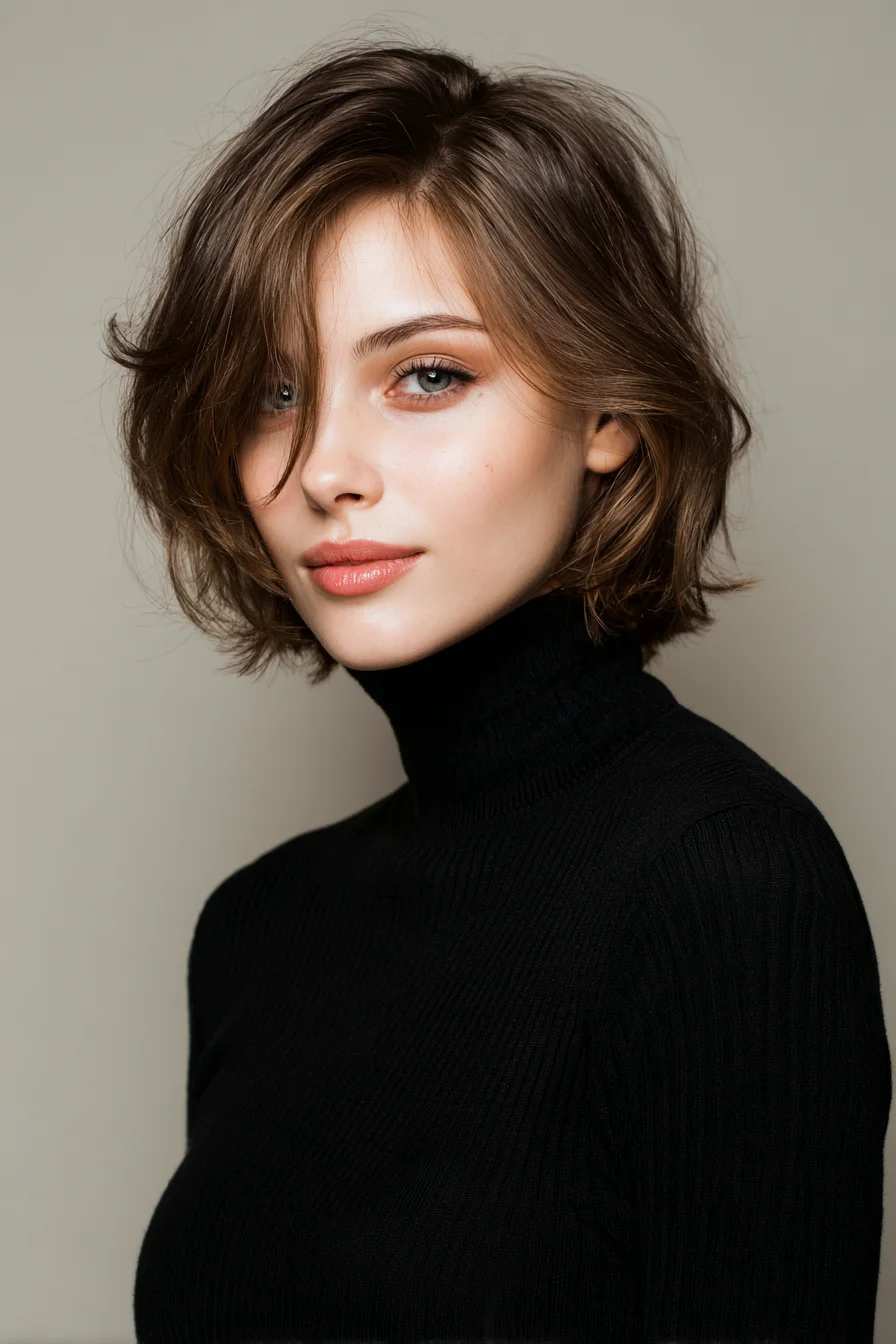 Textured Layered Chin-Length Bob with Side-Swept Curtain Bangs
