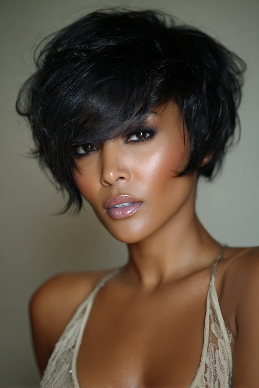 Textured Layered Pixie with Long Side‑Swept Bangs