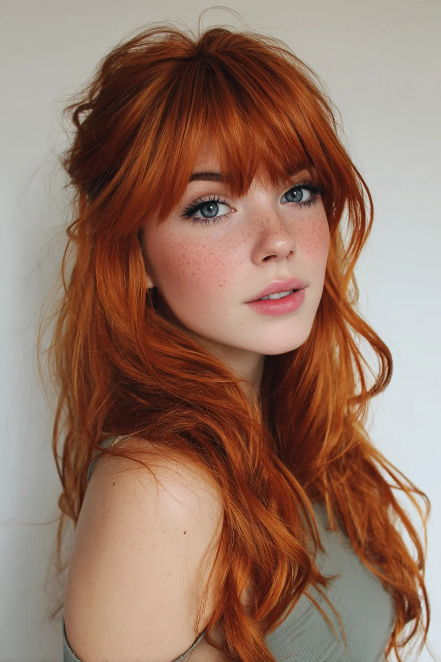 Textured Long Copper Waves with Wispy Curtain Bangs