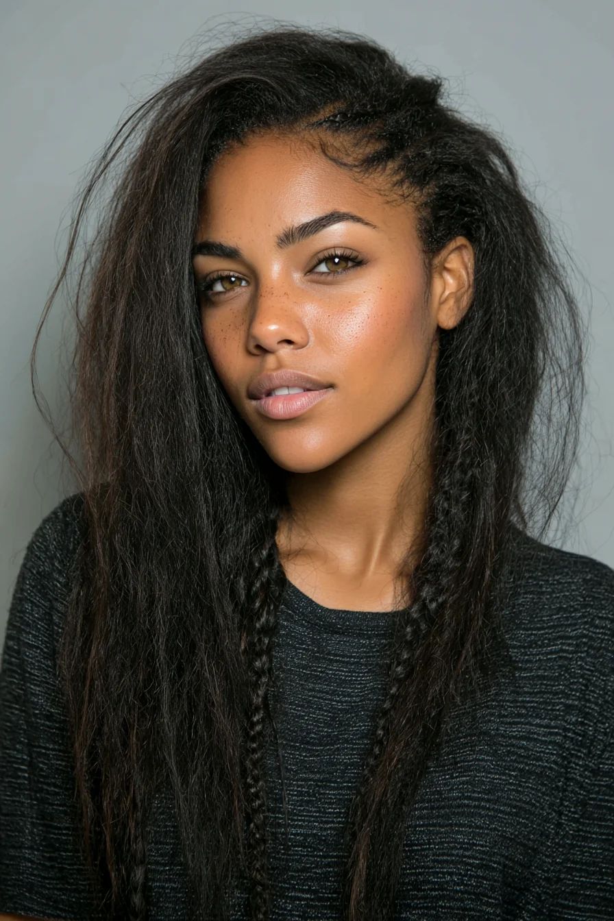 Textured Long Hair with Two Thin Front Braids — Natural Volume & Soft Stretch