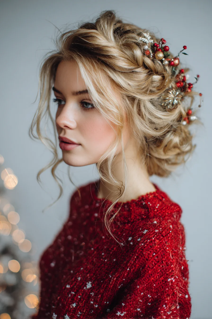 Textured Loose Braided Updo with Floral Accents