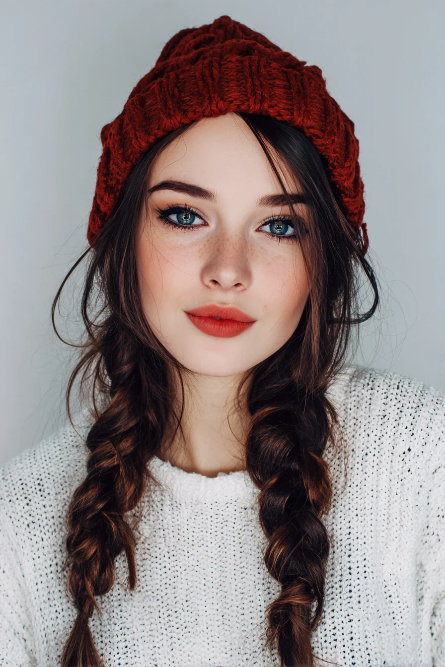 Textured Loose Double Braids with Beanie and Face‑Framing Pieces