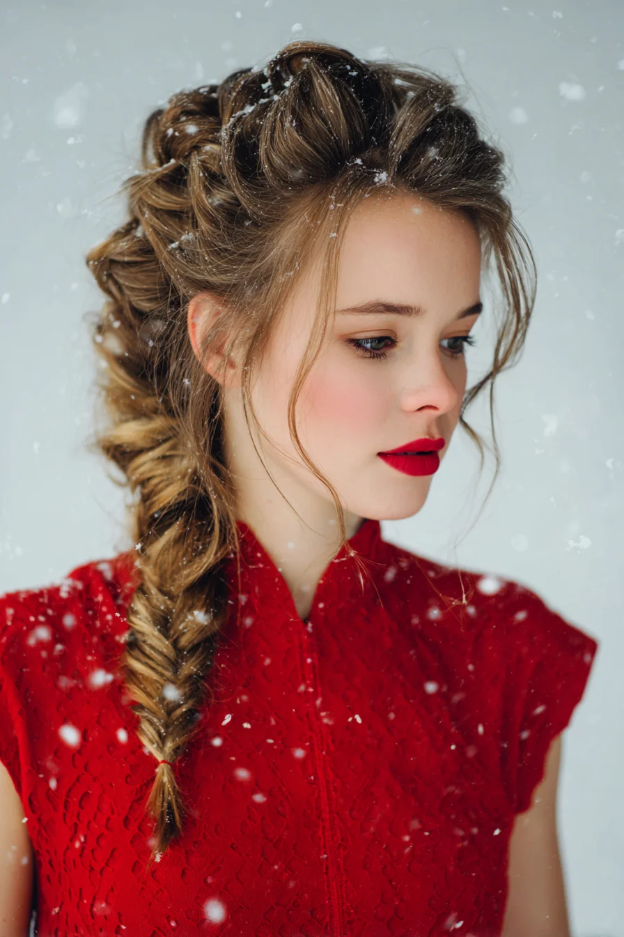 Textured Loose Fishtail Braid with Voluminous Crown and Face‑Framing Tendrils