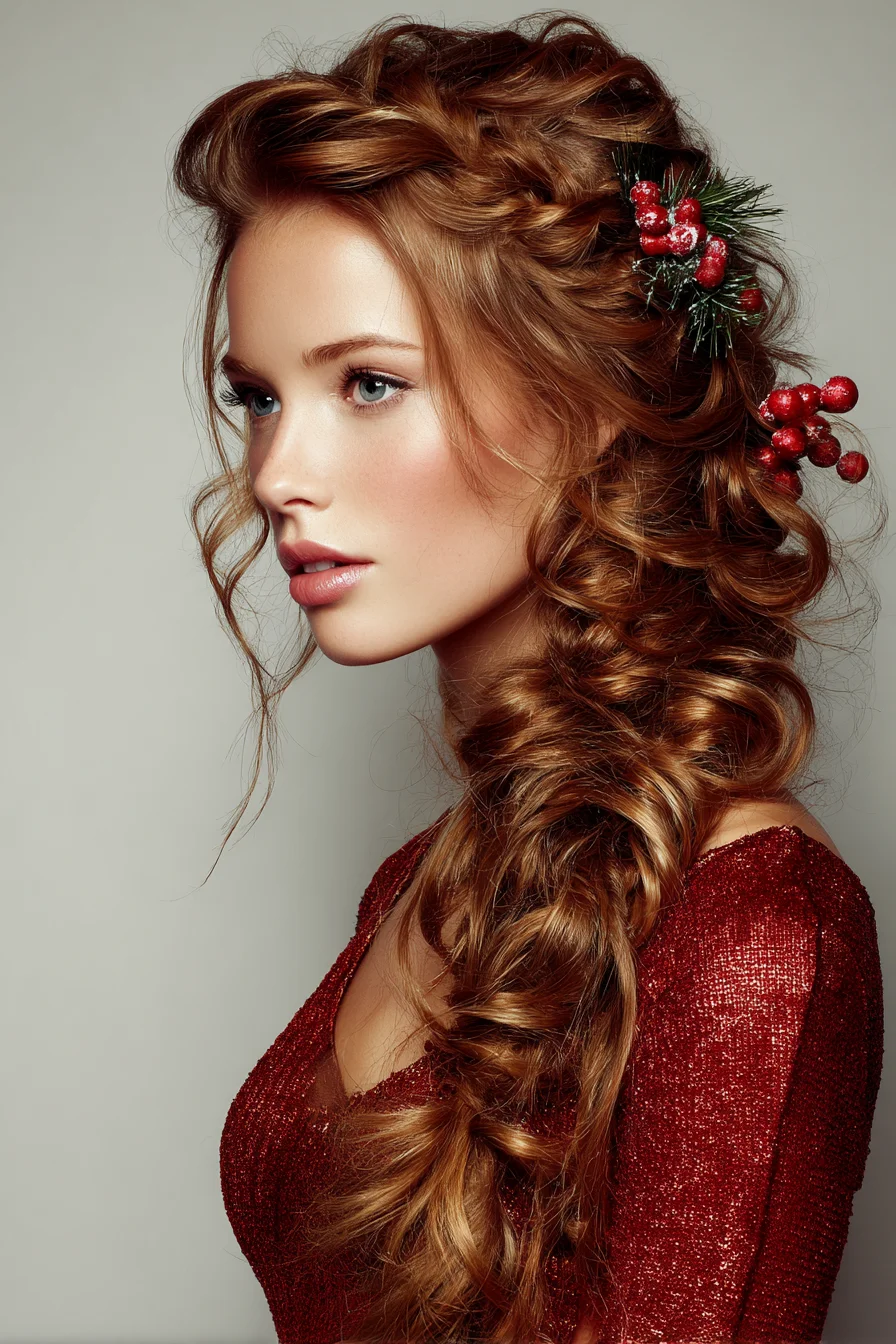 Textured Loose Side Fishtail Braid with Romantic Curls and Holiday Accent