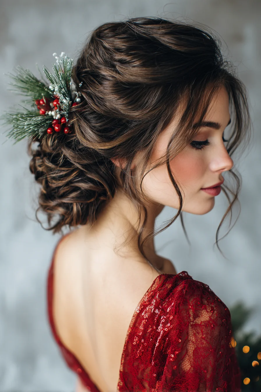 Textured Low Chignon with Face‑Framing Tendrils and Festive Hair Sprig