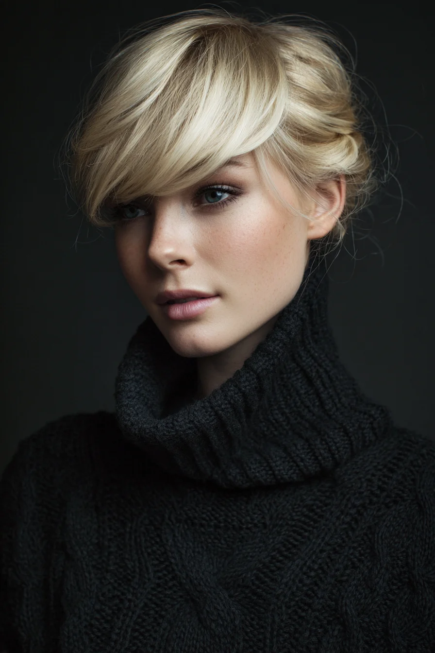 Textured Low Chignon with Side-Swept Fringe — Soft Blonde Updo