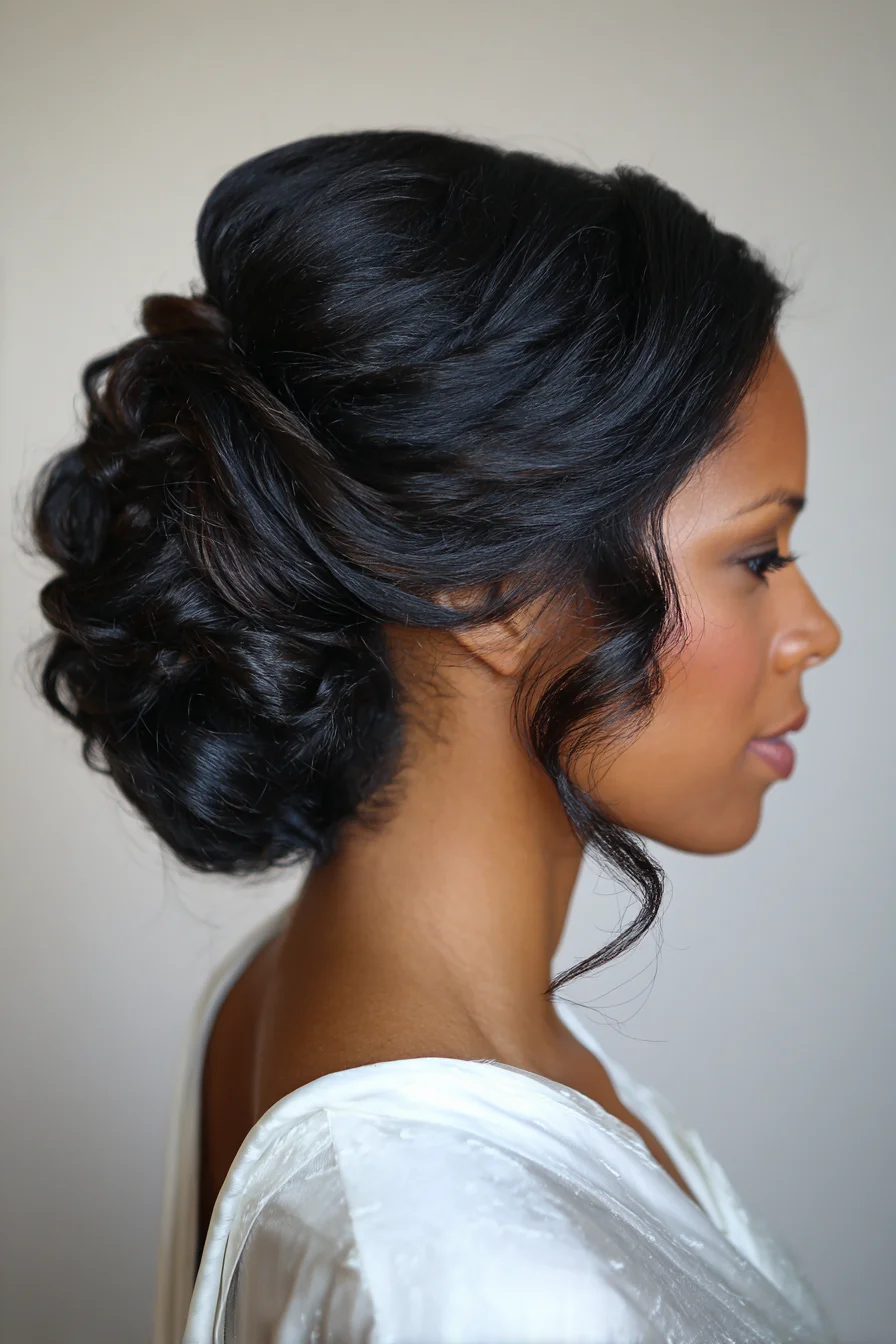 Textured Low Curly Updo with Face‑Framing Tendrils
