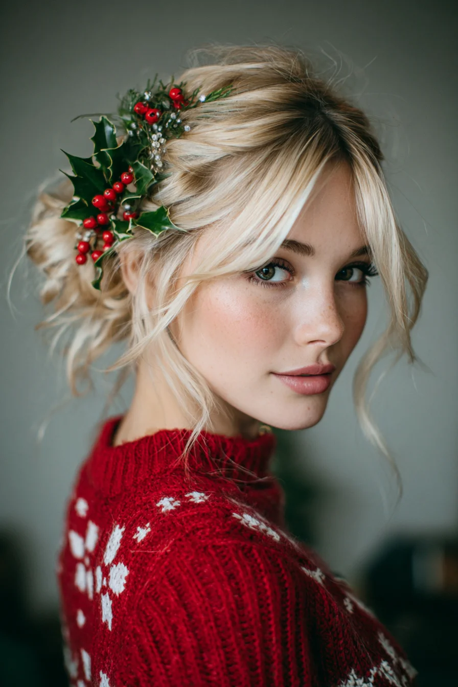 Textured Low Messy Bun with Curtain Bangs and Festive Holly Accent