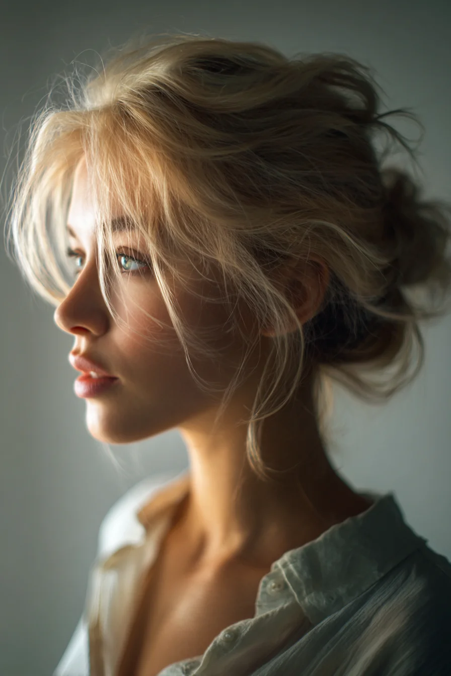 Textured Low Messy Bun with Face‑Framing Wisps