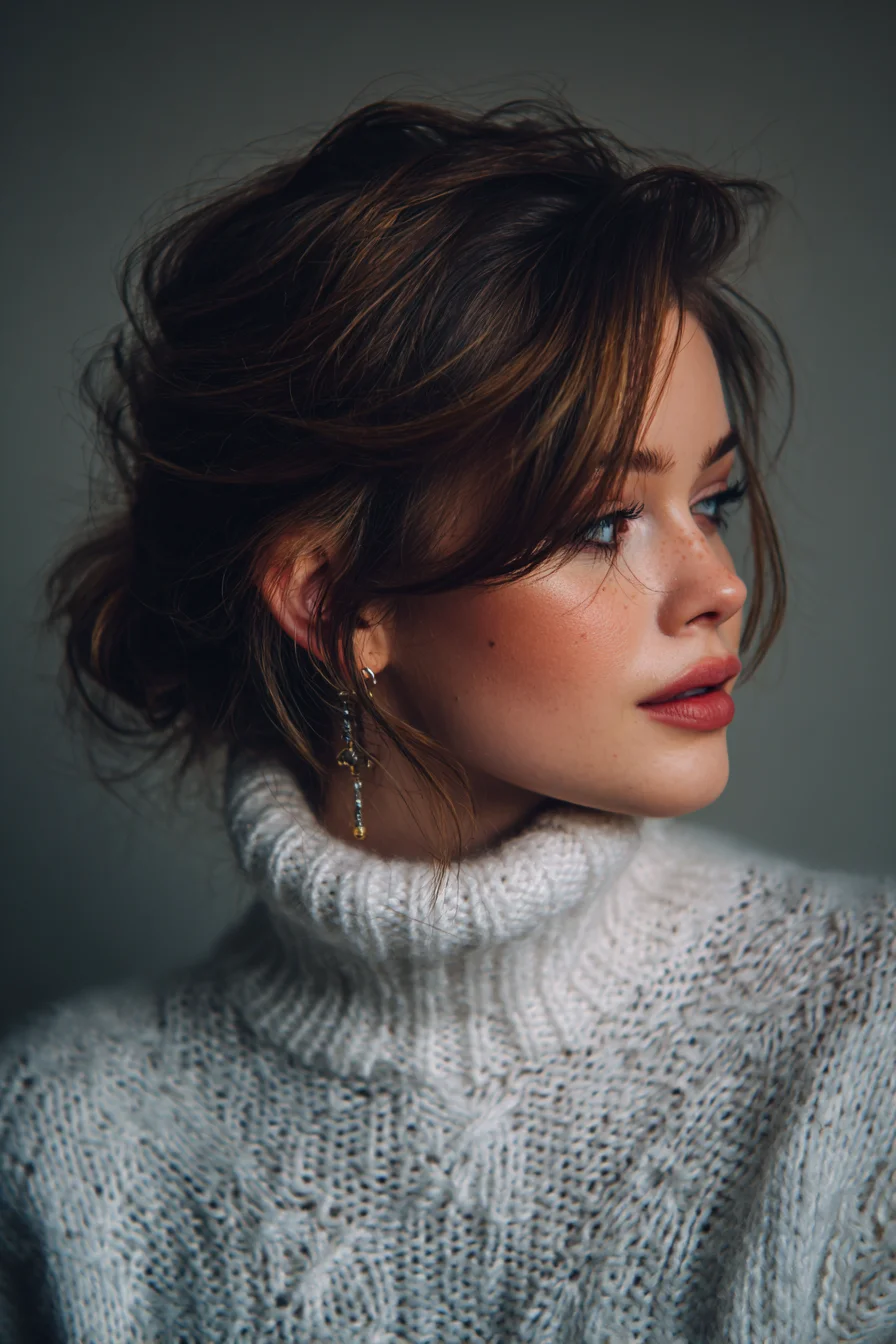 Textured Low Messy Bun with Soft Face‑Framing Layers