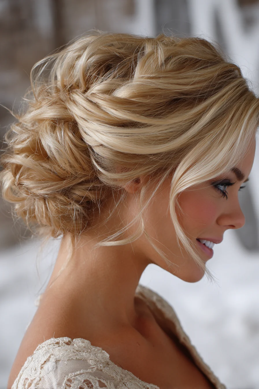 Textured Low Romantic Updo with Loose Face‑Framing Tendrils
