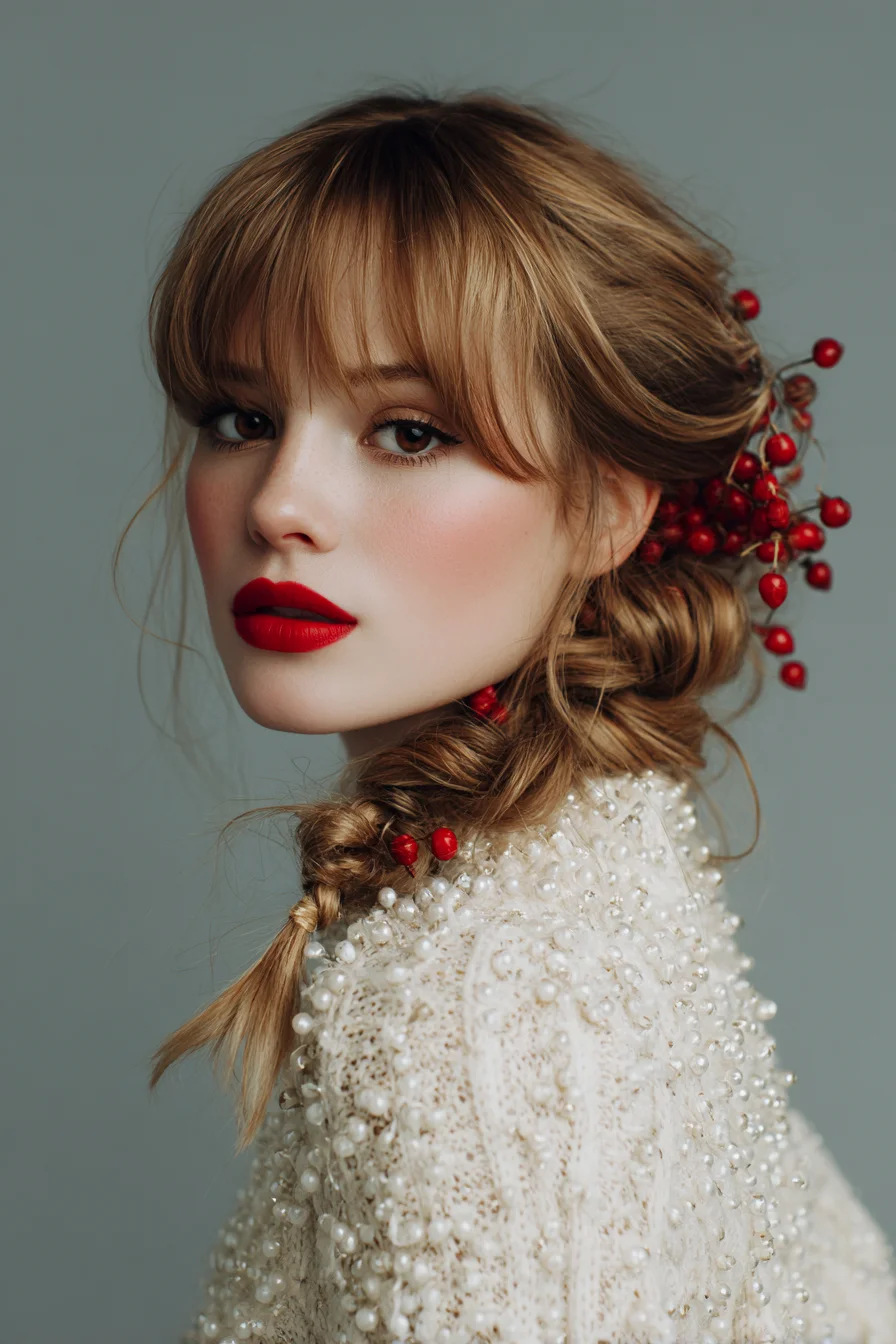 Textured Low Side Braid with Curtain Bangs and Berry Accents