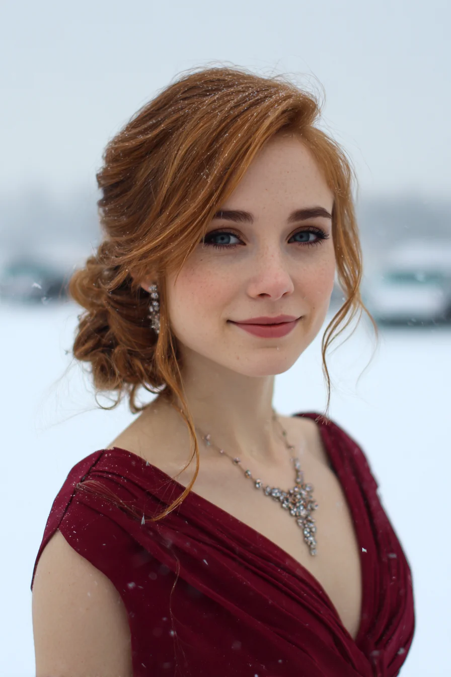 Textured Low Side Bun with Face‑Framing Tendrils