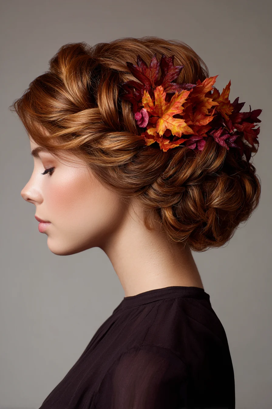 Textured Low Twisted Chignon with Autumn Leaf Accent