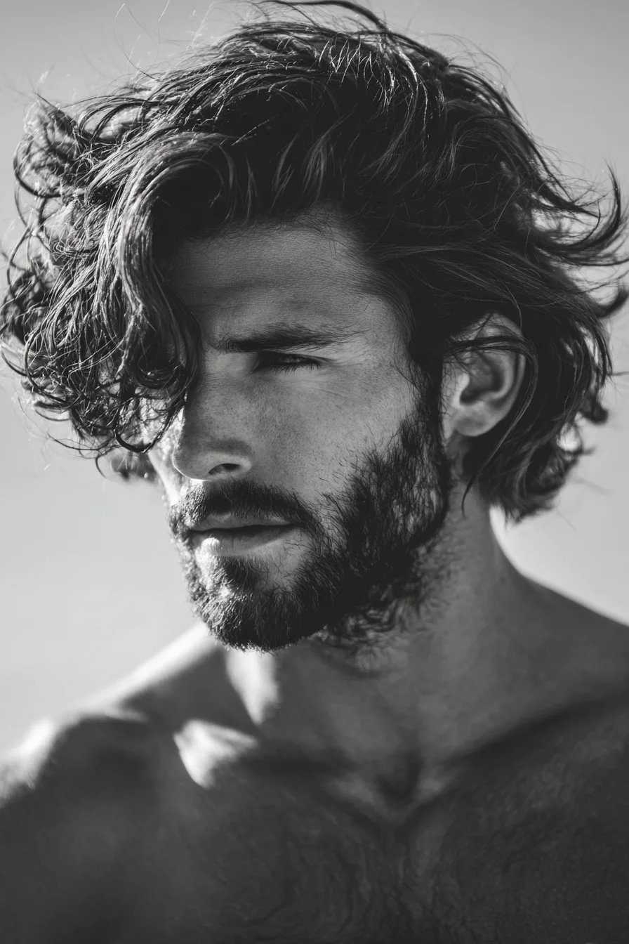 Textured Medium-Length Wavy Hairstyle with Beard