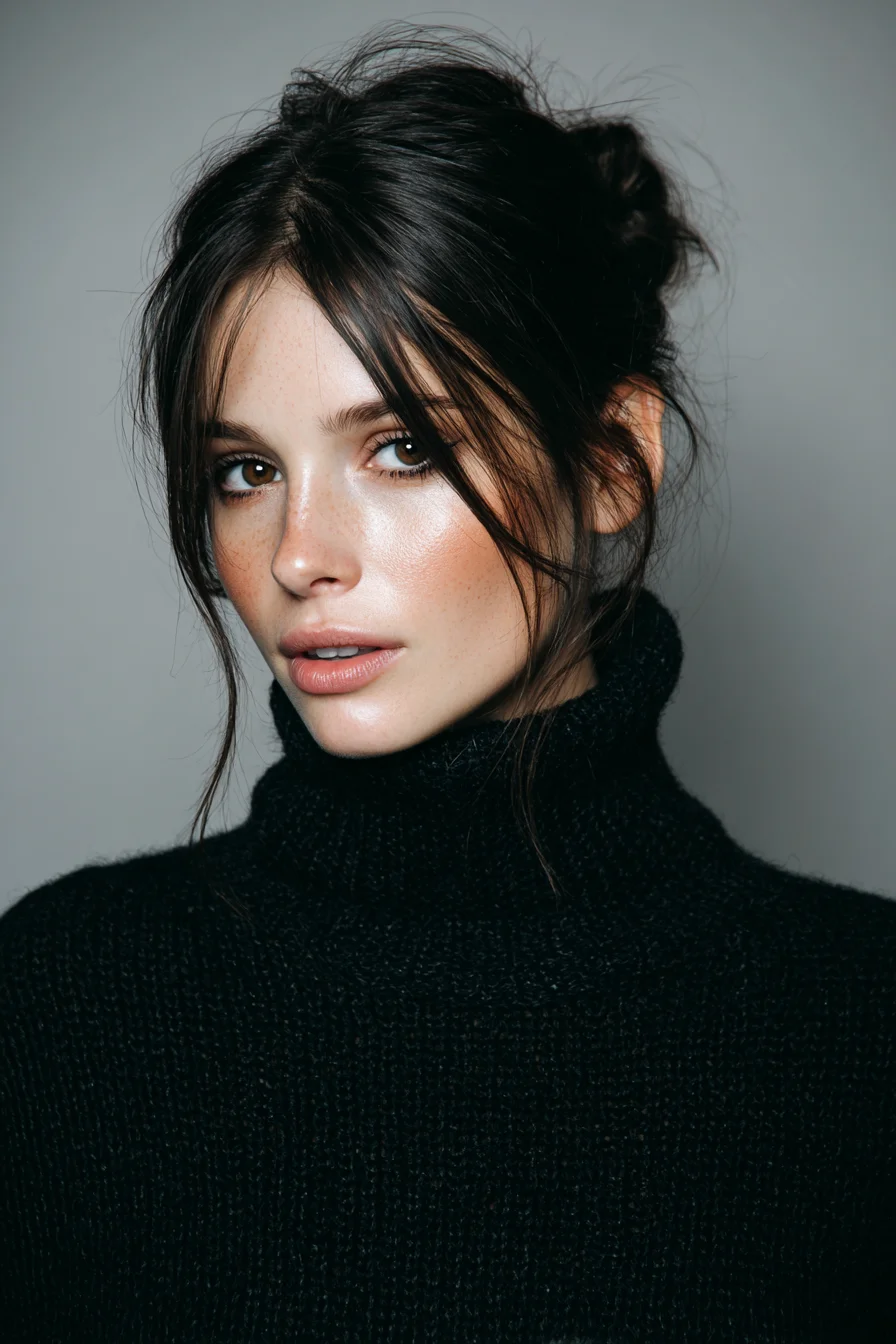 Textured Messy Bun with Curtain Face‑Framing Bangs