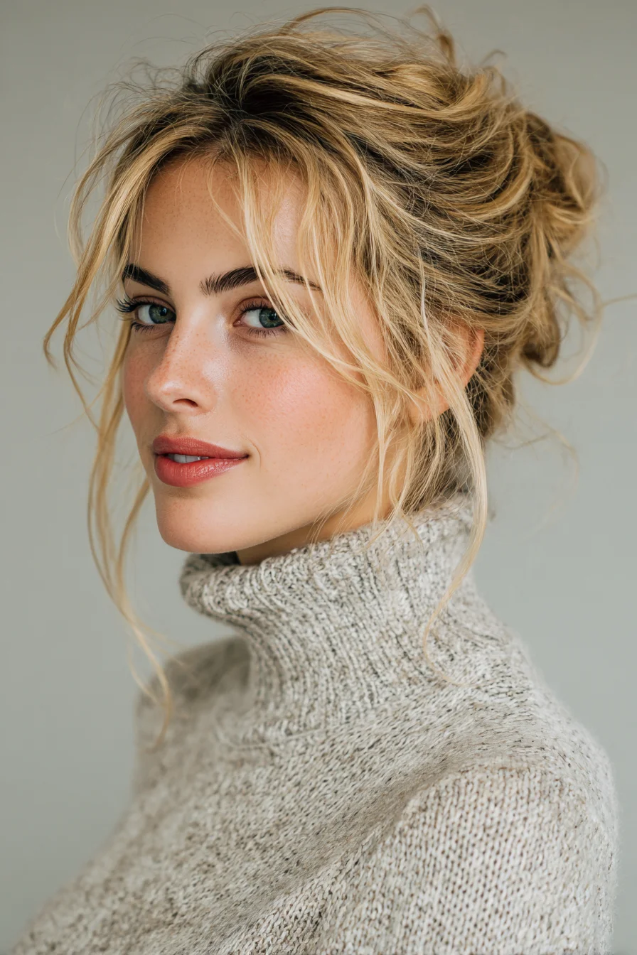 Textured Messy Bun with Face‑Framing Curtain Bangs
