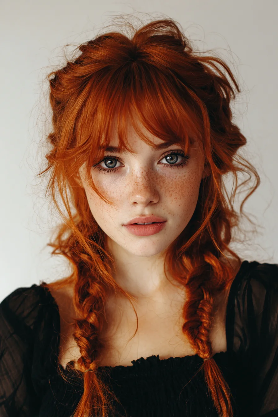 Textured Messy Double Braids with Curtain Bangs — Tousled Boho Red Look