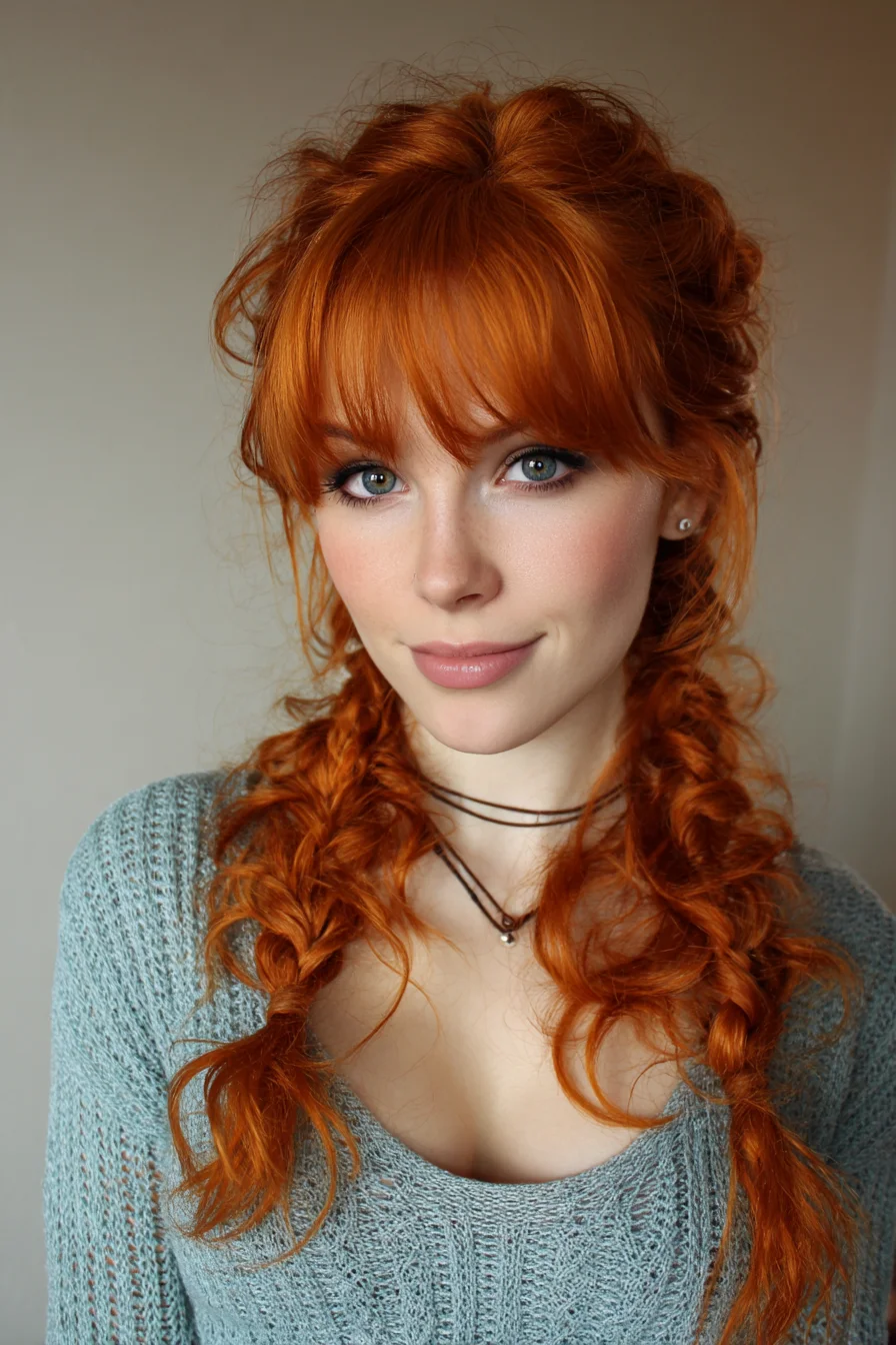 Textured Messy Double Braids with Curtain Bangs