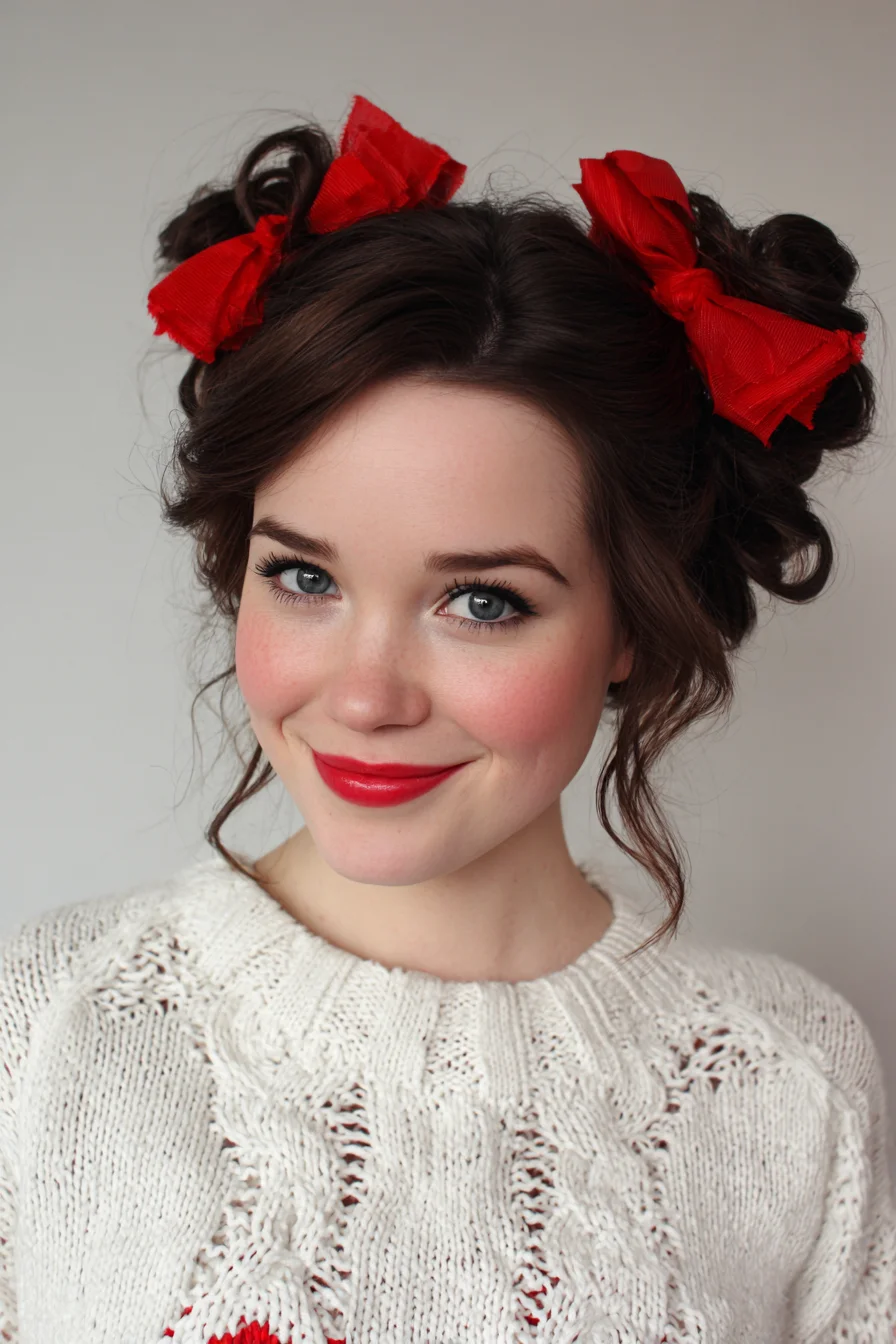 Textured Messy Double Buns with Red Ribbon Accents