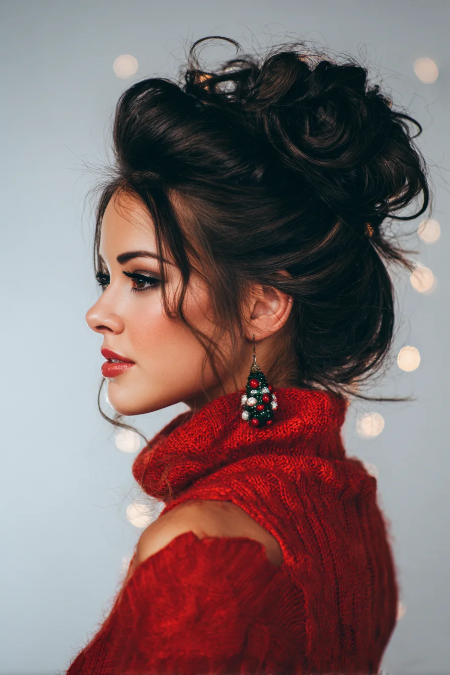 Textured Messy High Bun Updo with Face‑Framing Tendrils