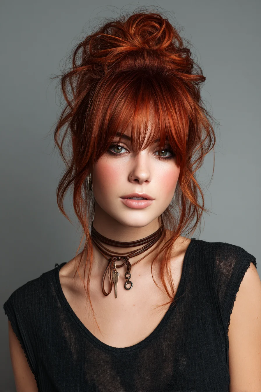 Textured Messy High Bun with Curtain Bangs