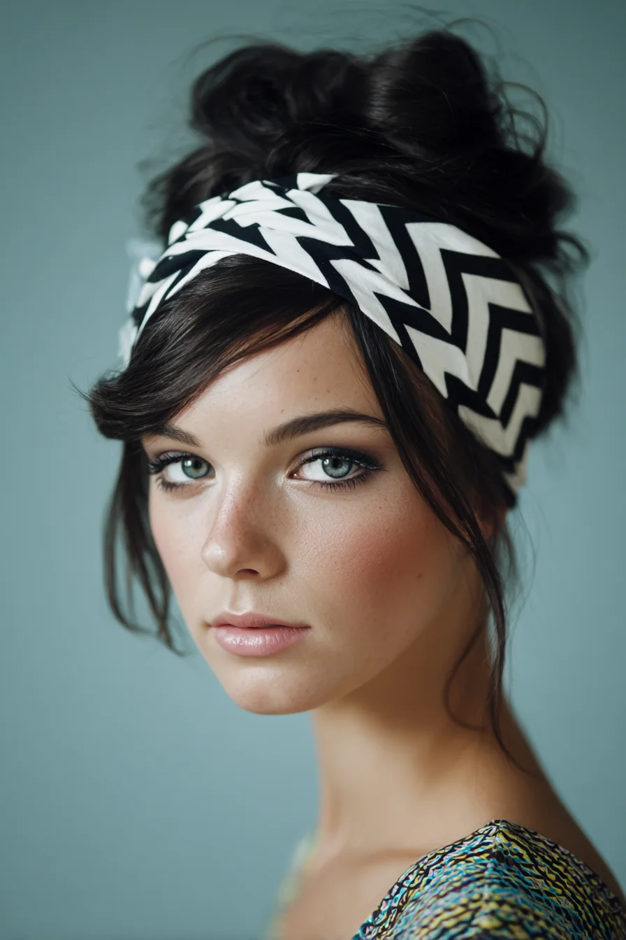 Textured Messy High Bun with Turban Headband and Face‑Framing Tendrils