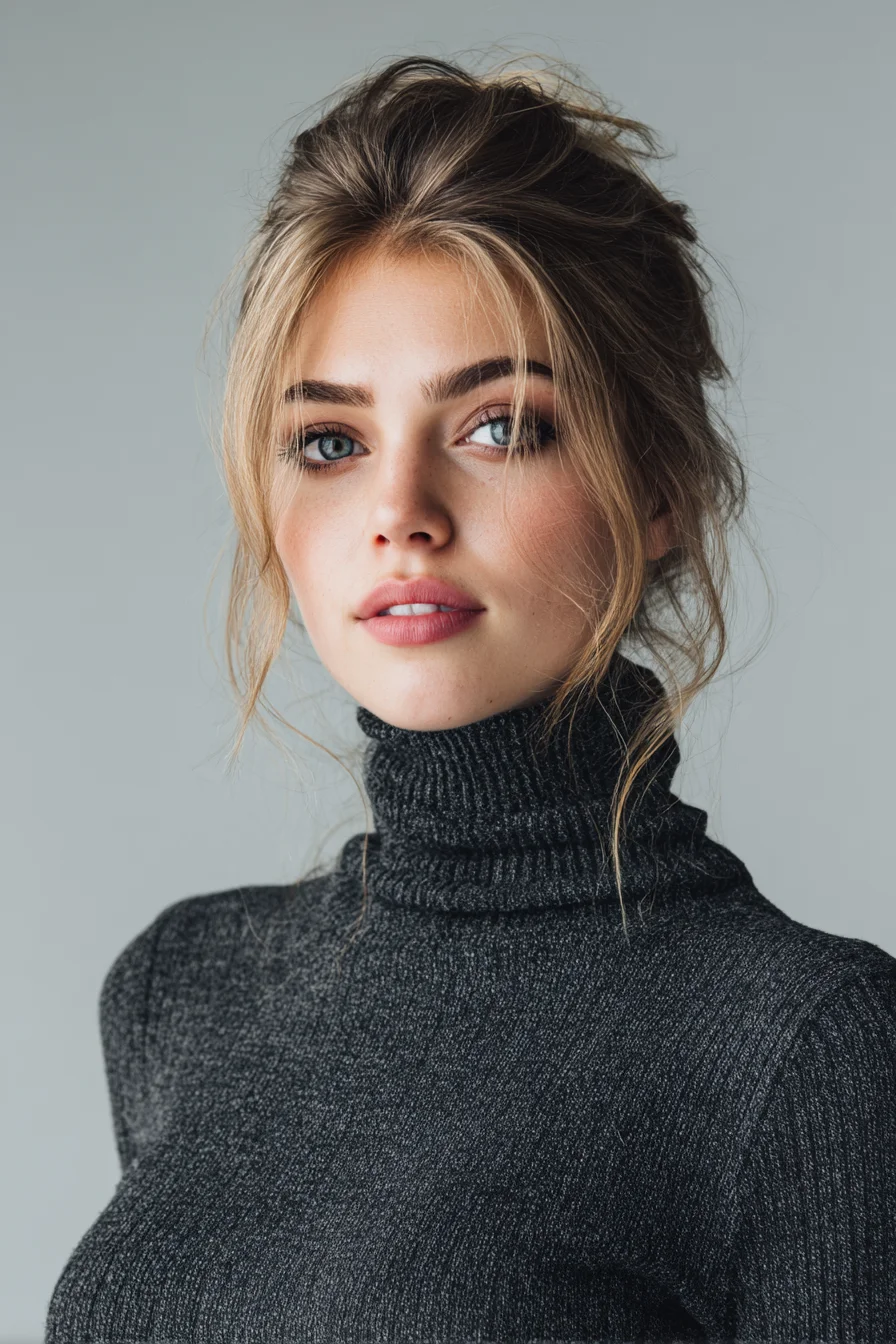 Textured Messy Low Bun with Soft Face‑Framing Curtain Bangs