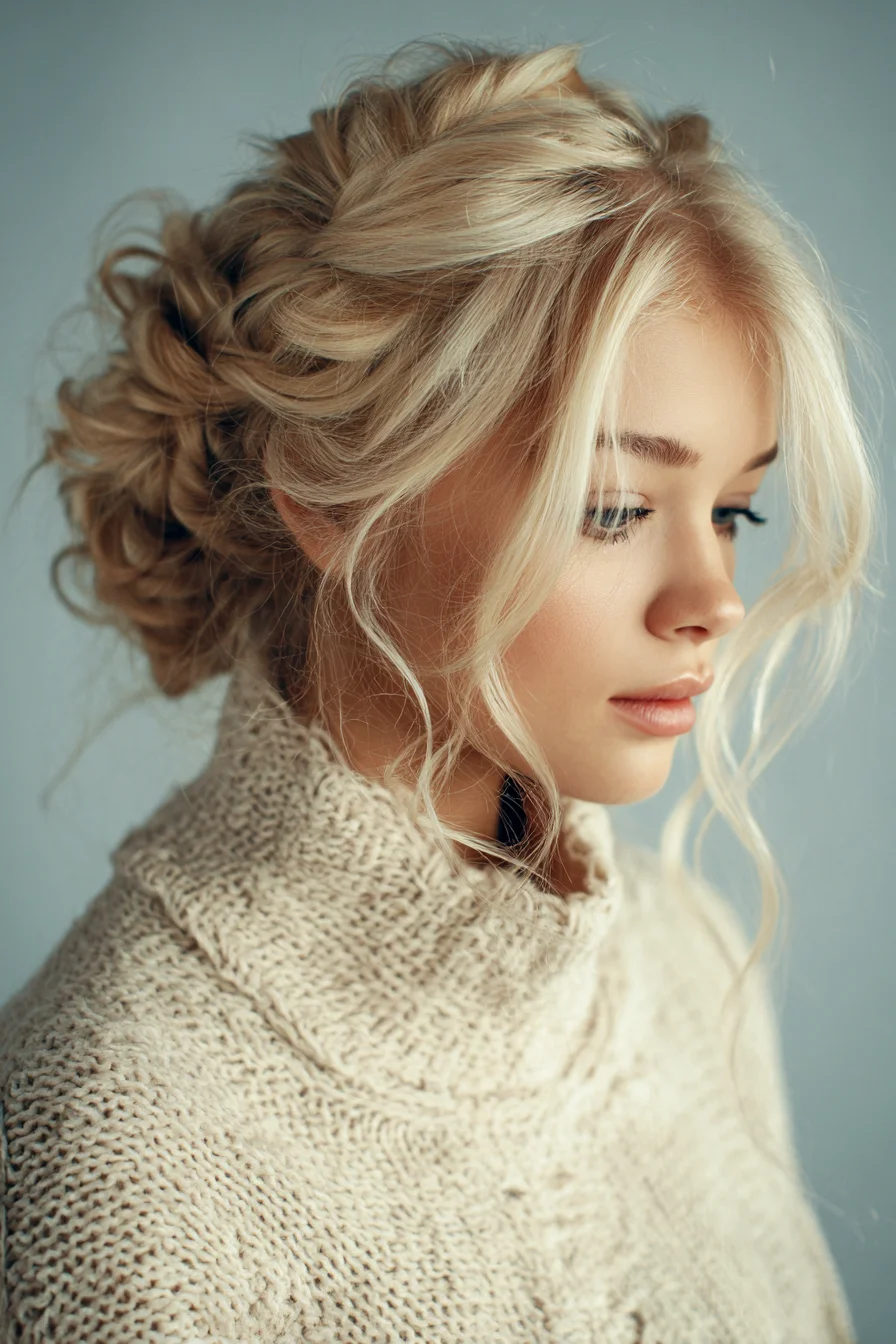 Textured Messy Low Bun with Soft Face‑Framing Waves