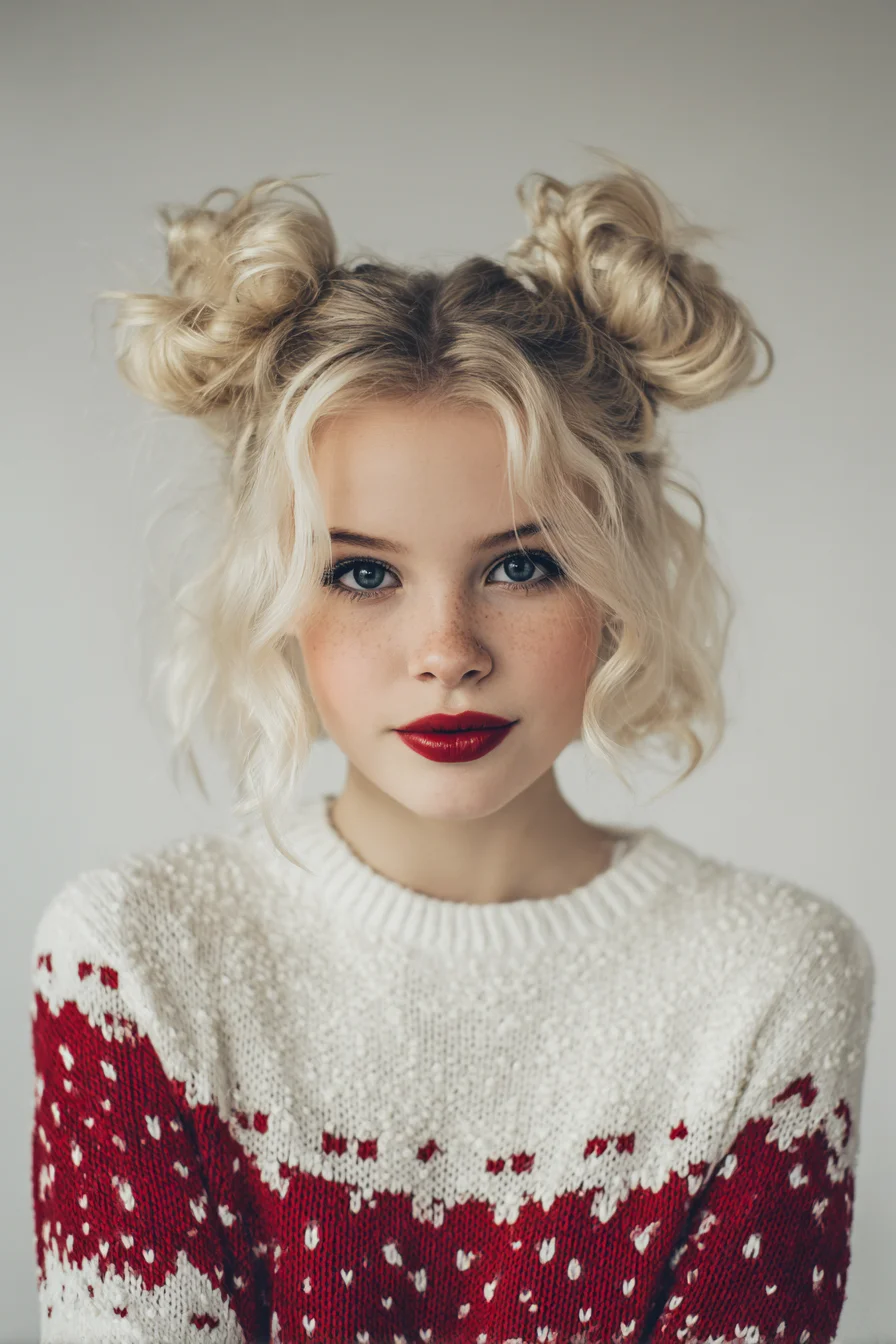 Textured Messy Space Buns with Face‑Framing Waves
