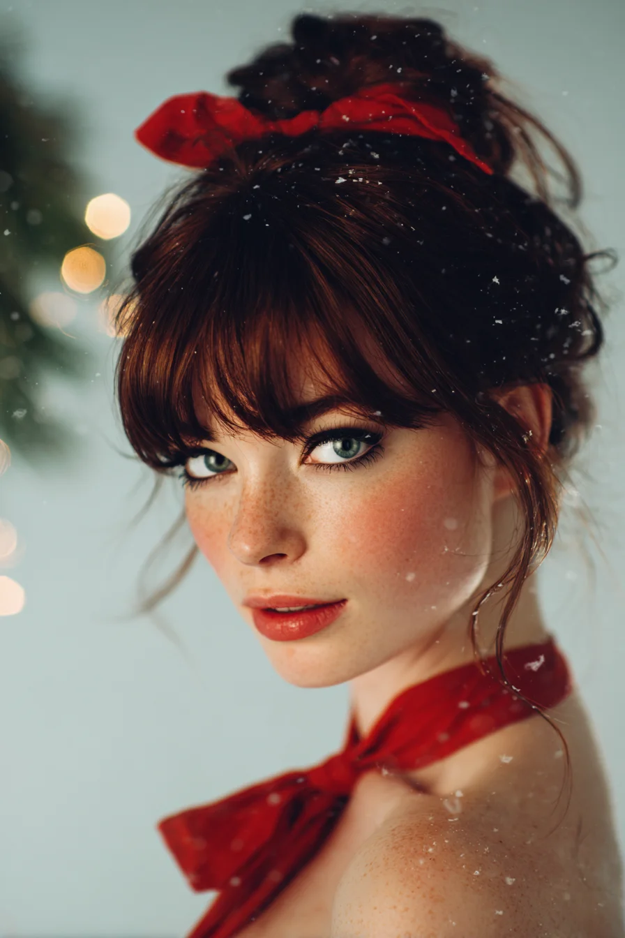 Textured Messy Top Knot with Curtain Bangs and Scarf — Casual Romantic Updo